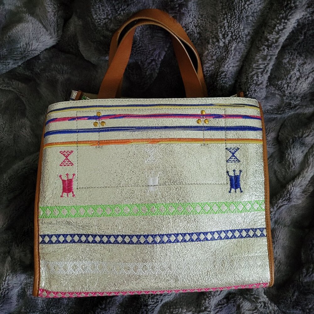 Jerome Dreyfuss Leon M Broderies Silver Leather Tote W/Matching Zipper Pouch